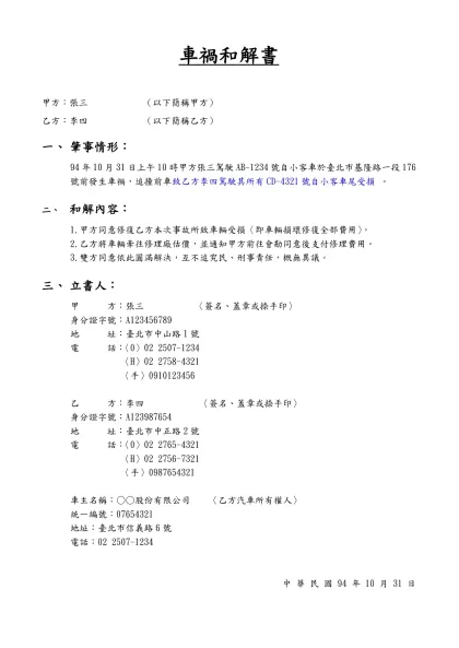 簡易和解書製作範本-車禍和解書- 甲方：張三 （以下簡稱甲方）