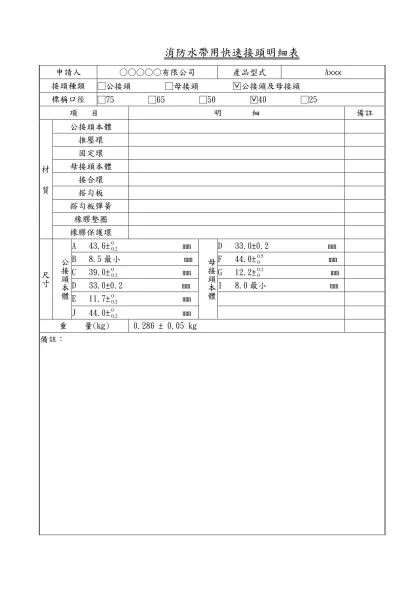密閉式撒水頭明細表（範例）-消防水帶用快速接頭明細表
