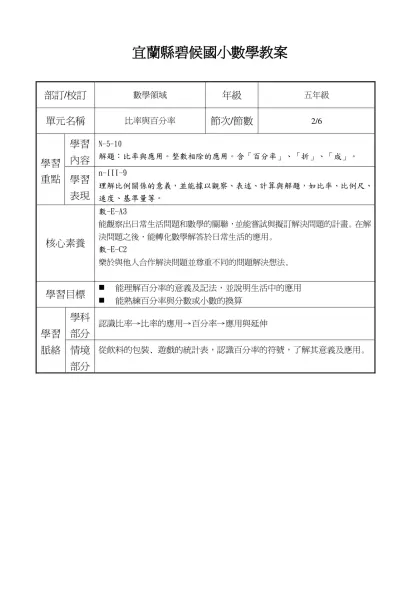 宜蘭縣碧候國小數學教案-部訂/校訂數學領域年級