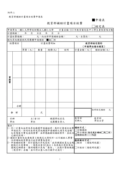 附件1 ____年辦理「教育優先區中小學生營隊活動」申請經費補助計畫表-教育部補助計畫項目經費申請表
