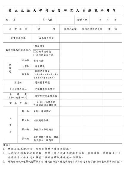 國立政治大學教師、助教離職手續單-國 立 政 治 大 學 博 士 後 研 究 人 員 離 職 手 續 單
