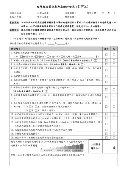 台灣婚姻暴力致命危險評估表 [由案主填寫或詢問幫填]-台灣親密關係暴力危險評估表（TIPVDA）