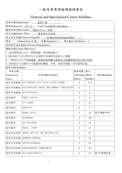 一般及專業理論課程綱要表-General and Specialized Course Syllabus系科名稱(Department)：_____建築工程____________ 教師(Instru