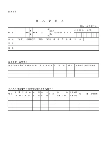 附表1-1-個 人 資 料 表 單位：新台幣千元