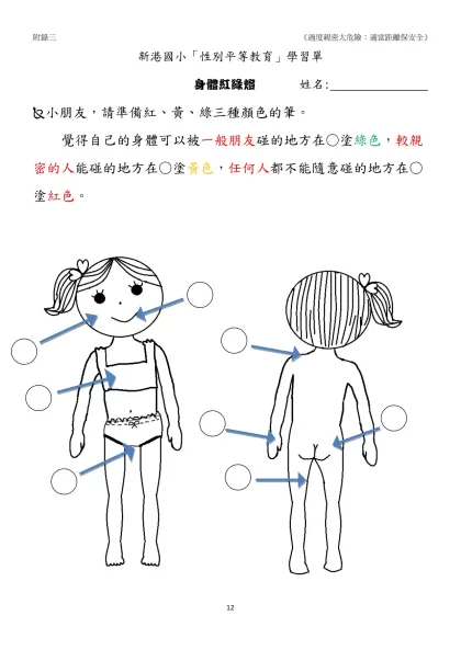 新港國小「性別平等教育」學習單-身體紅綠燈 姓名: (小朋友，請準備紅、黃、綠三種顏色的筆。