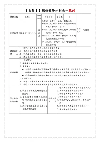 【美髮Ⅰ】課程教學計劃表－範例-課程名稱美髮Ⅰ課程類別