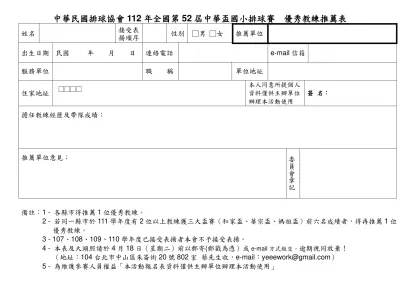 中華民國排球協會97年度基層優秀教練推薦表-中華民國排球協會112年全國第52屆中華盃國小排球賽 優秀教練推薦表