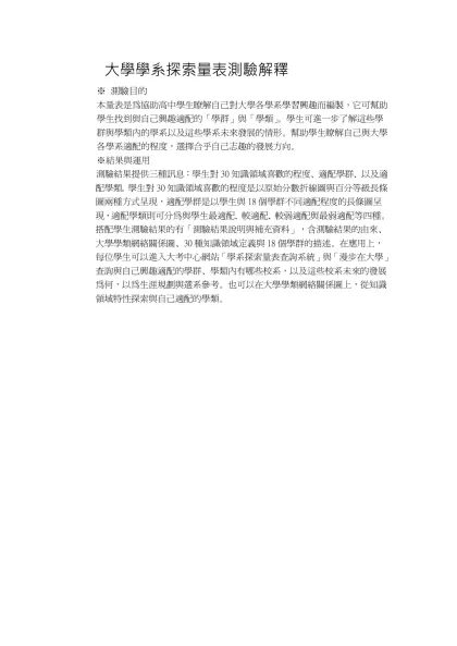 大學學系探索量表測驗解釋-測驗目的本量表是為協助高中學生瞭解自己對大學各學系學習興趣而編製，它可幫助學生找到與自己興趣適配的「學群」與「學類」。學生可進一步了解這些學群與學類內的學系以及這些學系未來發