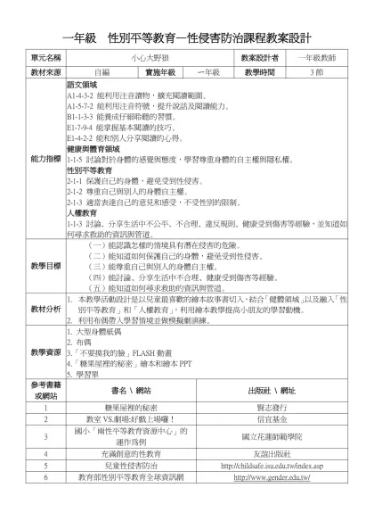 一年級 性別平等教育—性侵害防治課程教案設計