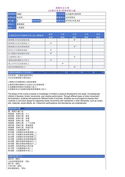教學大綱_102_1_3460 幼兒韻律活動教學-朝 陽 科 技 大 學