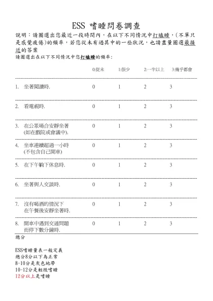 睡眠檢查問卷調查-ESS 嗜睡問卷調查