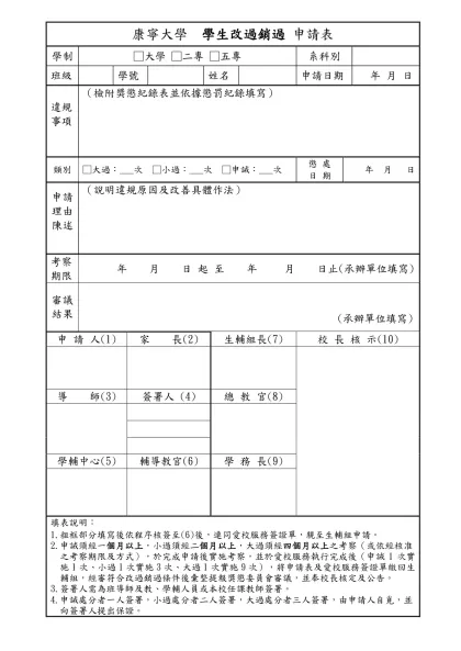 康寧醫護暨管理專科學校 學生改過銷過 申請表