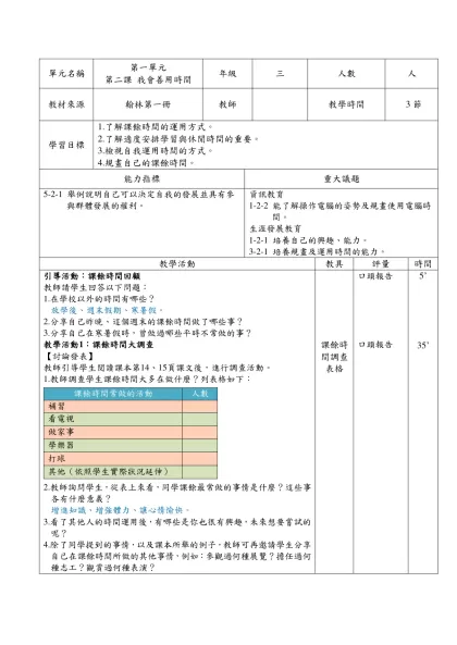 範本檔-單元名稱-單元名稱第一單元第二課 我會善用時間