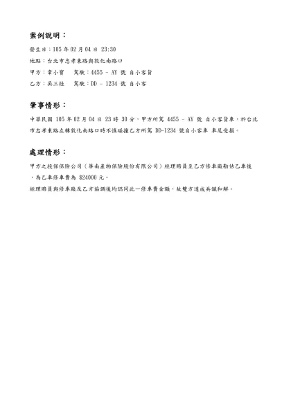 和 解 書-案例說明：-案例說明：發生日：105年02月04日 23:30