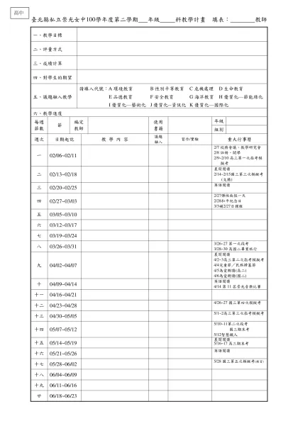 臺北縣立清水高中98學年度第一學期 五 年級 化學 科教學計畫-臺北縣私立崇光女中100學年度第二學期 年級 科教學計畫 填表： 教師