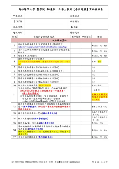 高雄醫學大學 醫學院 專/兼任「升等」教師【學位送審】資料檢核表