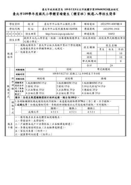 『臺北市94學年度高中高職體育班（含體育績優學生）甄選入學招生簡章』審核原則：-臺北市109學年度國民小學體育績優生（體育班）甄選.入學招生簡章