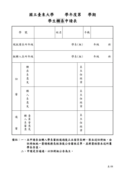 學生轉系申請表-國立臺東大學 學年度第 學期