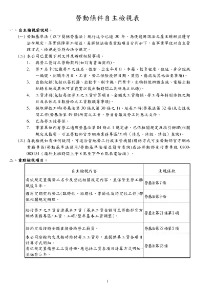 行政院勞工委員會推展勞工退休金新制單一窗口服務櫃檯實施計畫-勞動條件自主檢視表