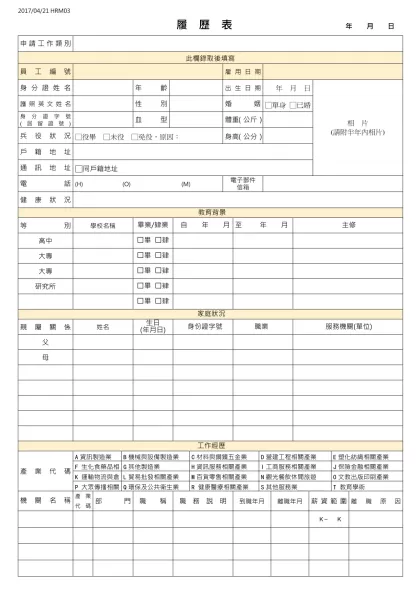 人員招聘報名表 （僅限學員報名聘用人員使用）-履 歷 表 年 月 日