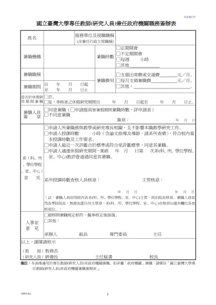 國立臺灣大學專任教師（研究人員）校外兼課許可申請表-國立臺灣大學專任教師(研究人員)兼任政府機關職務簽辦表