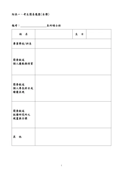 清 雲 技 術 學 院-附表一、考生簡易履歷(自傳)