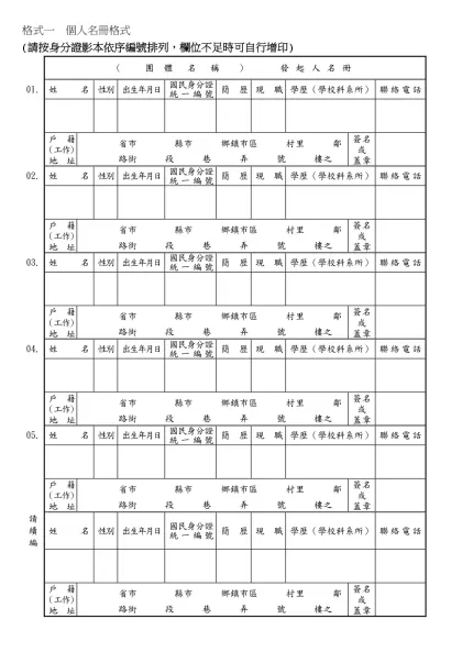 格式一 個人名冊格式-(請按身分證影本依序編號排列，欄位不足時可自行增印)