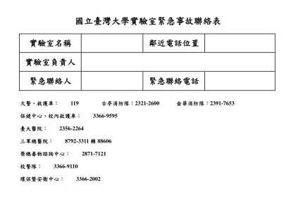 國立臺灣大學實驗室緊急事故聯絡表