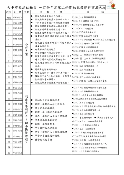 心 心 托 兒 所-台中市天津幼稚園 一百學年度第二學期幼兒教學行事曆大班