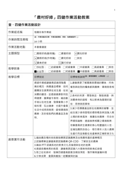 「農村好綠」四健作業活動教案-壹、四健作業活動設計作業組名稱