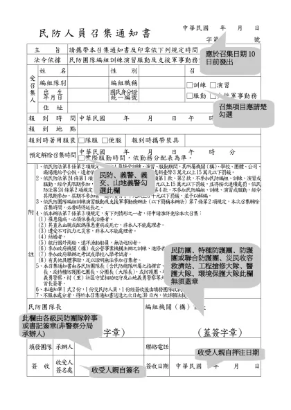 民防人員召集通知書-中華民國 年 月 日字第 號