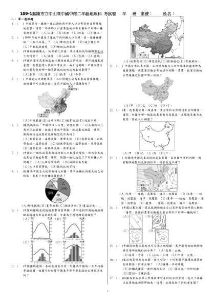 20200930182329_題目卷-109-1基隆市立中山高中國中部二年級地理科 考試卷 年 班 座號： 姓名：