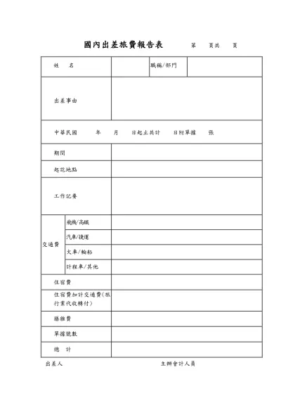 國內出差旅費報告表 第 頁共 頁
