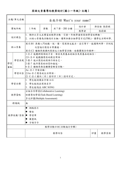 英語文素養導向教案設計示例-英語文素養導向教案設計(國小一年級)-主題1