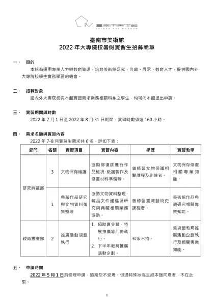 臺南市美術館-臺南市美術館2022年大專院校暑假實習生招募簡章