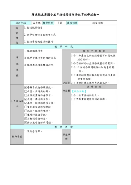 五年級性侵害防治教育教學活動-屏東縣土庫國小五年級性侵害防治教育教學活動一