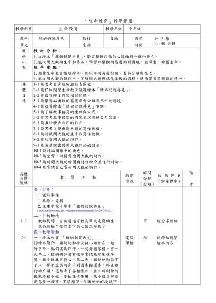國立臺中師範學院學生教育實習教學設計-「生命教育」教學簡案