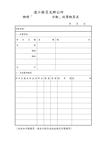 辦理「教育優先區中小學生營隊活動」經費概算表-連江縣莒光鄉公所