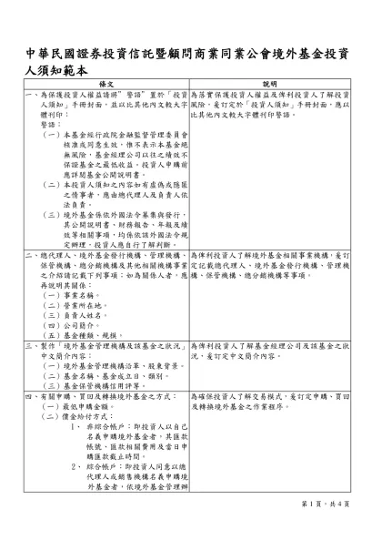 台北市證券投資信託暨顧問商業同業公會會員自律公約草案總說明-中華民國證券投資信託暨顧問商業同業公會境外基金投資人須知範本