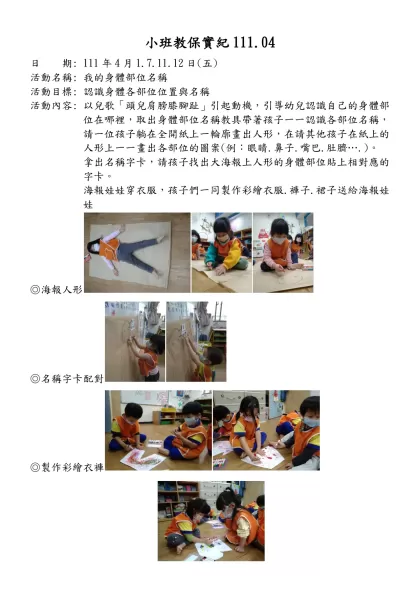 小班教保實紀111.04-日 期: 111年4月1.7.11.12日(五)活動名稱: 我的身體部位名稱