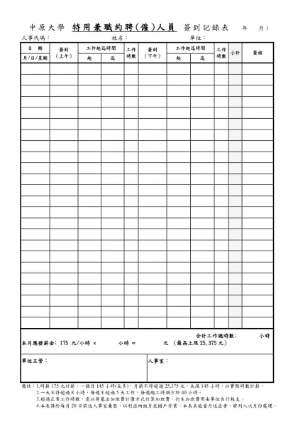 私立中原大學 兼職約聘人員簽到記錄表-中原大學 特用兼職約聘(僱)人員 簽到記錄表 年 月)