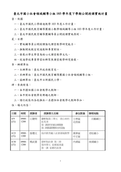 臺北市國小社會領域輔導小組103學年度下學期公開授課實施計畫
