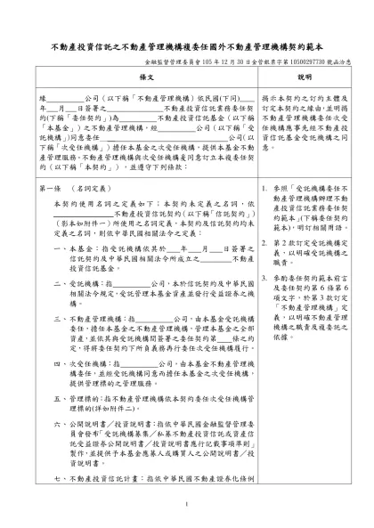 不動產投資信託之不動產管理機構複委任國外不動產管理機構契約範本
