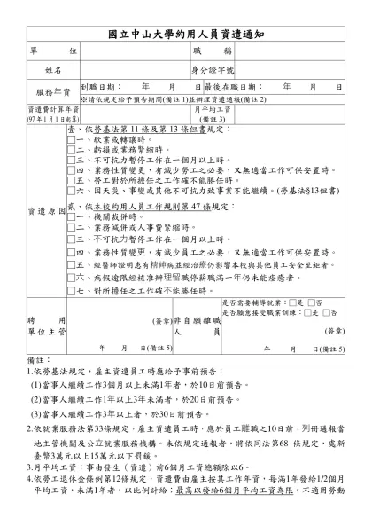 國立中山大學約用人員資遣通知-單 位職 稱姓名身分證字號
