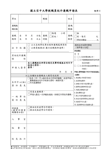 國立成功大學教職員校外兼職簽辦表-國立空中大學教職員校外兼職申請表 附件1