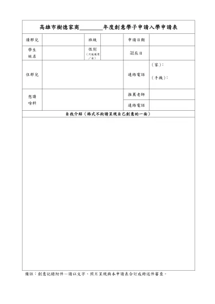 高雄市樹德家商＿＿＿＿年度創意學子申請入學申請表