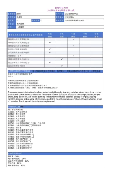 教學大綱_102_1_2317 幼兒音樂教學法-朝 陽 科 技 大 學