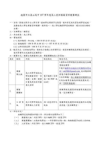 桃園縣立壽山高中102學年度高三備審資料競賽辦法-桃園市立壽山高中107學年度高三普科備審資料競賽辦法