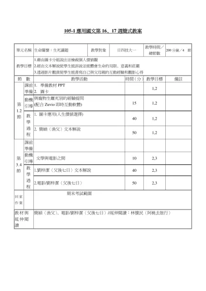 教案格式-105-1應用國文第16、17週簡式教案