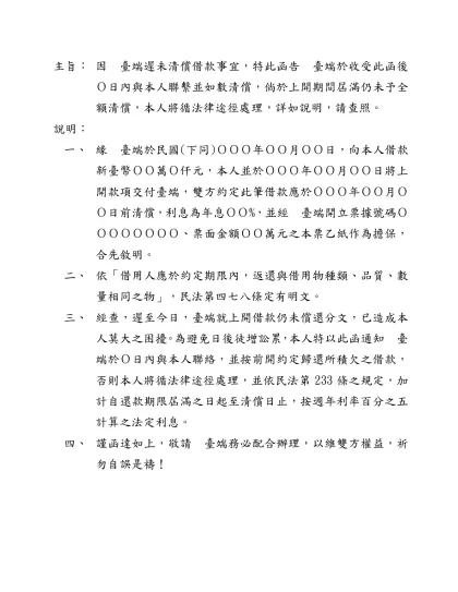 主旨： 因 臺端遲未清償借款事宜，特此函告 臺端於收受此函後Ｏ日內與本人聯繫並如數清償，倘於上開期間屆滿仍未予全額清償，本人將循法律途徑處理，詳如說明，請查照。